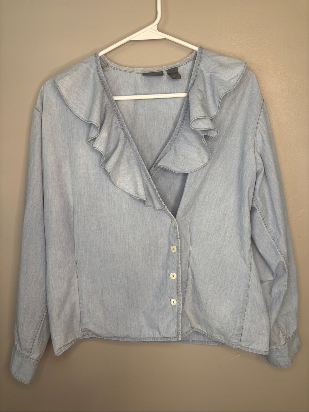 Women's Light Blue Ruffle Collar Button-Down Shirt